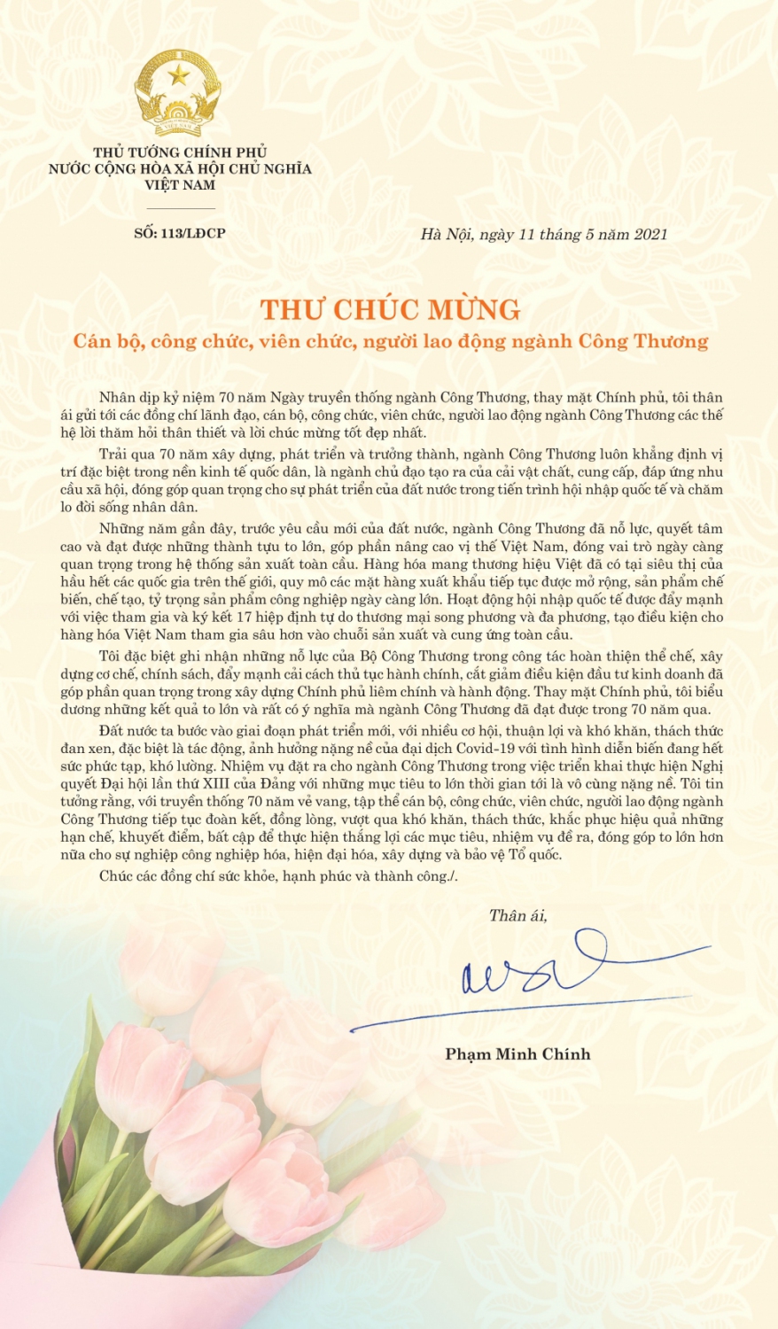 Thủ tướng Chính phủ gửi thư chúc mừng cán bộ, công chức, viên chức, người lao động ngành Công Thương